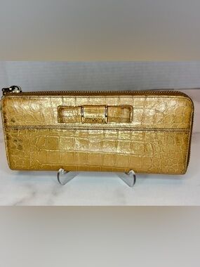 Miu Miu Metallic Gold Croc-Effect Zip Wallet with Bow